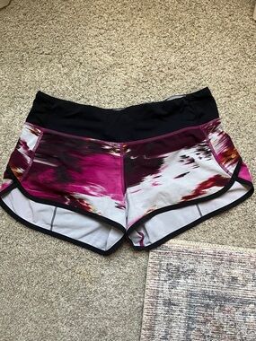 Women's Lululemon Pink Abstract Print Workout Shorts with Black Waistband